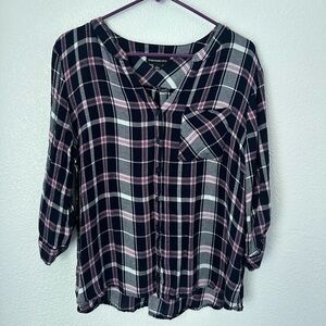 Fortune + Ivy Plaid Shirt Women’s L Black Pink Button Front Collared Top
